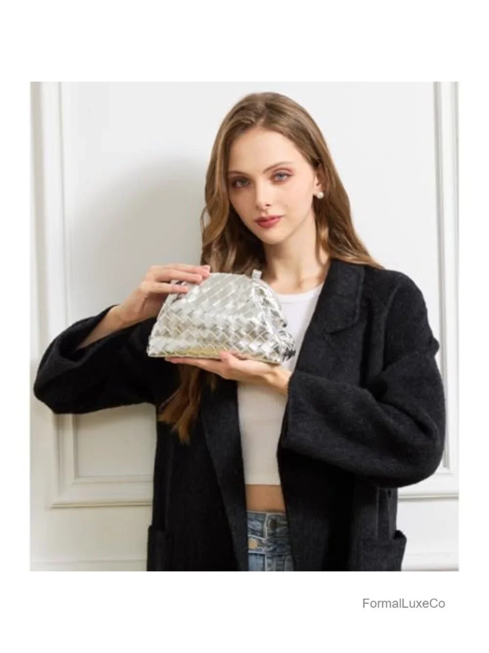 Woven Pleated Vegan Leather Evening Clutch Purse